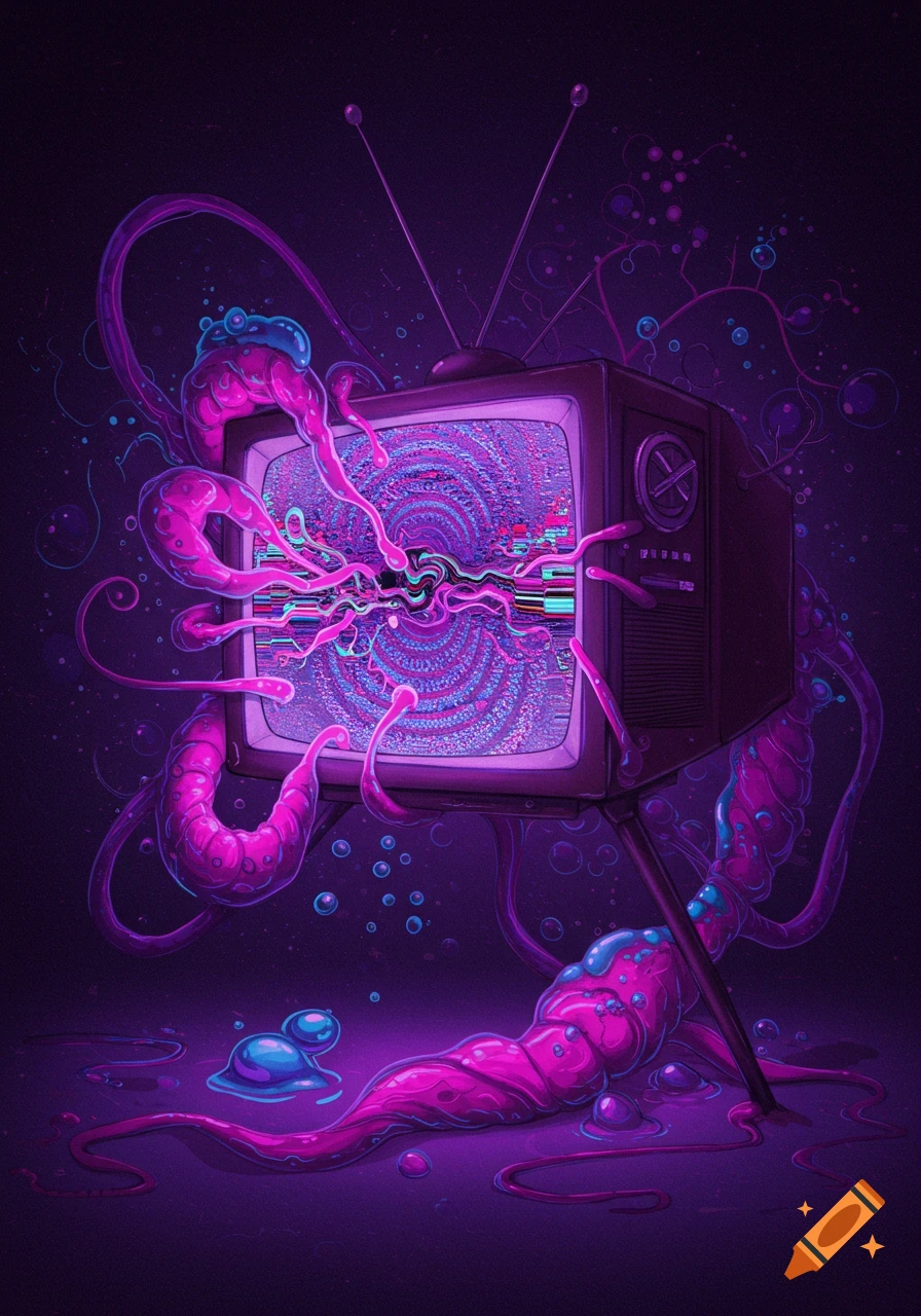 A vintage television set is consumed by glowing pink and blue tentacles, set against a dark purple background. The screen shows a swirling glitch pattern.