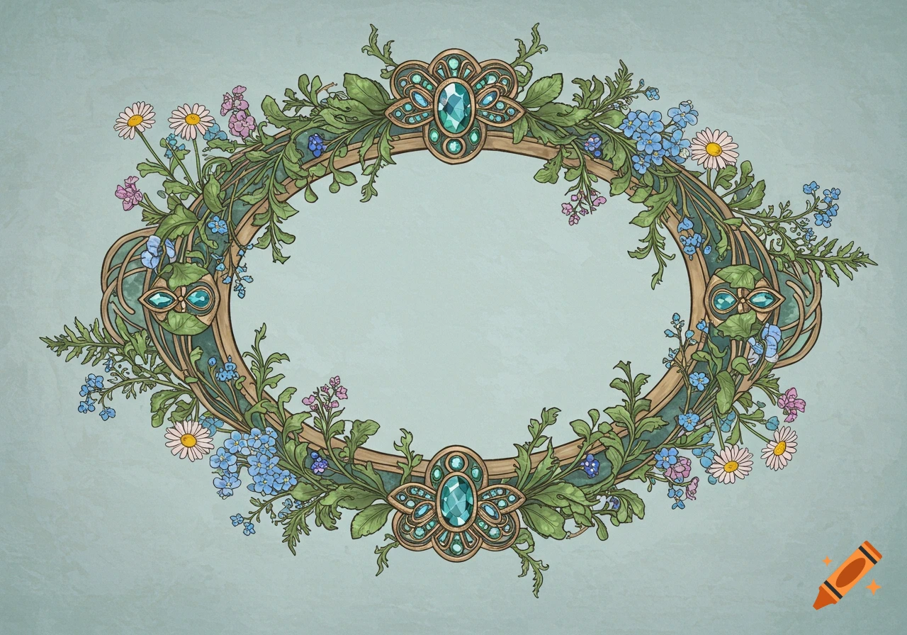 Vintage oval frame illustration with floral decorations, gemstones, and wildflowers on a textured background.