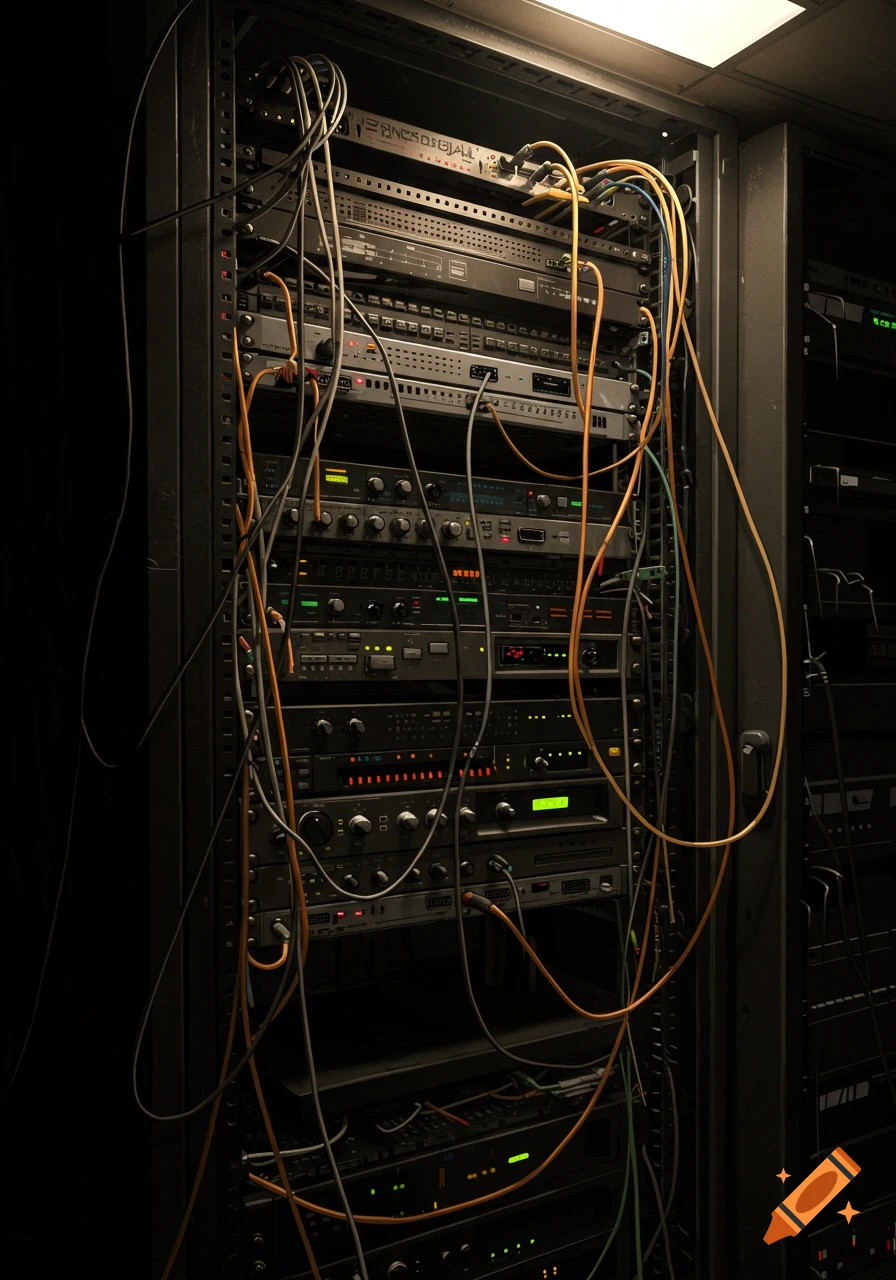 A rack filled with technical equipment panels, tangled wires, and blinking lights.