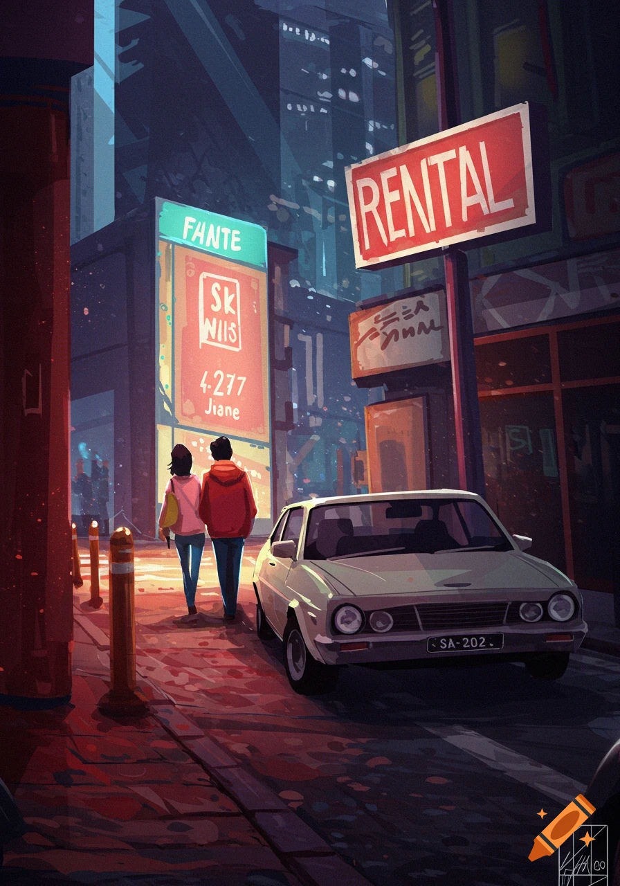 A stylized illustration of a couple walking down a city street past a car and signs at dusk.
