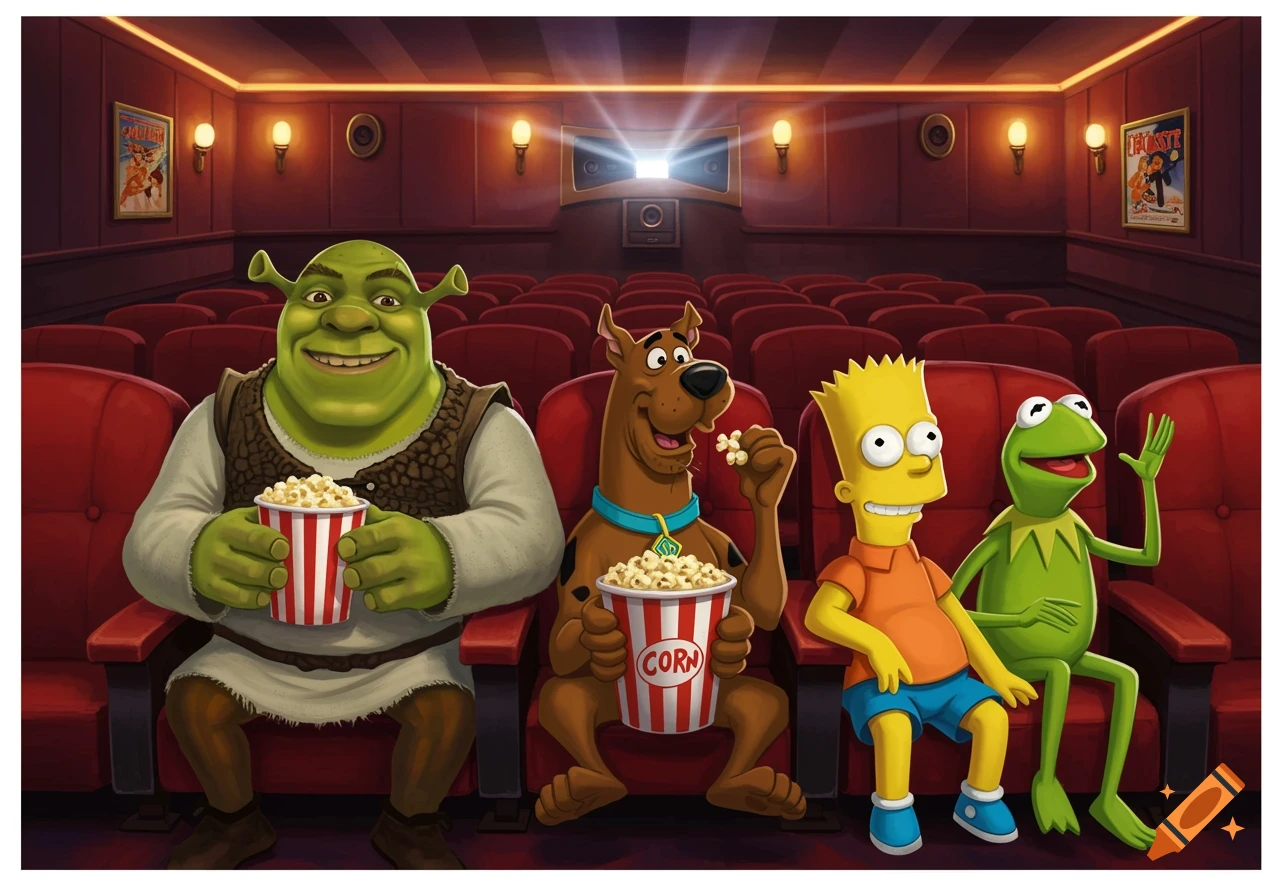 Shrek, Scooby Doo, Bart Simpson, and Kermit the Frog sit in a movie theater eating popcorn.