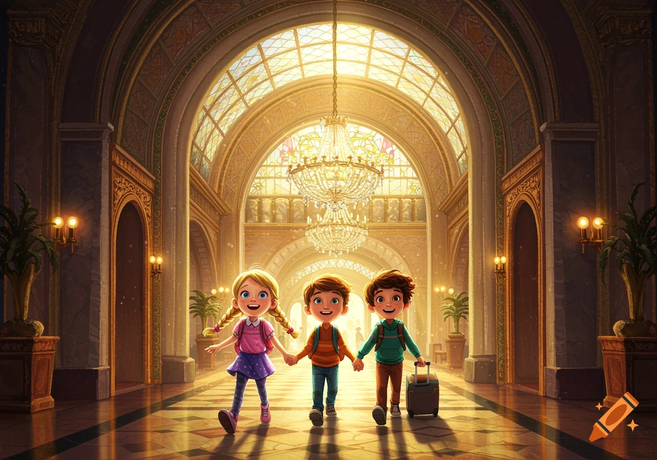 Three smiling kids walk hand-in-hand through a grand, sunlit hotel lobby.