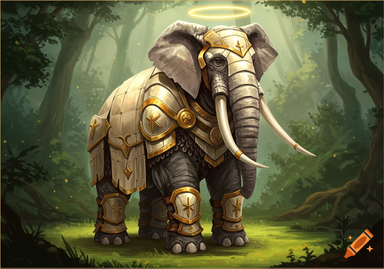 An elephant wearing golden and white fantasy armor stands in a lush forest.