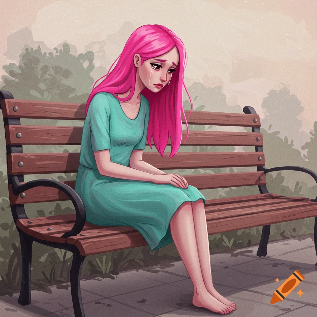 Cartoon woman with pink hair sits crying on a park bench