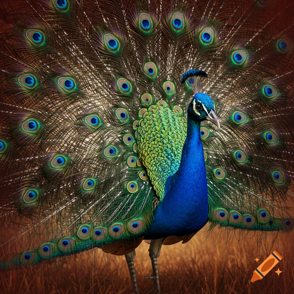A vibrant peacock with its tail feathers fully displayed in a field.