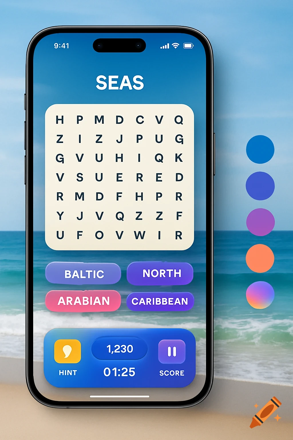 An iPhone displaying a word search game app screen over a beach background.