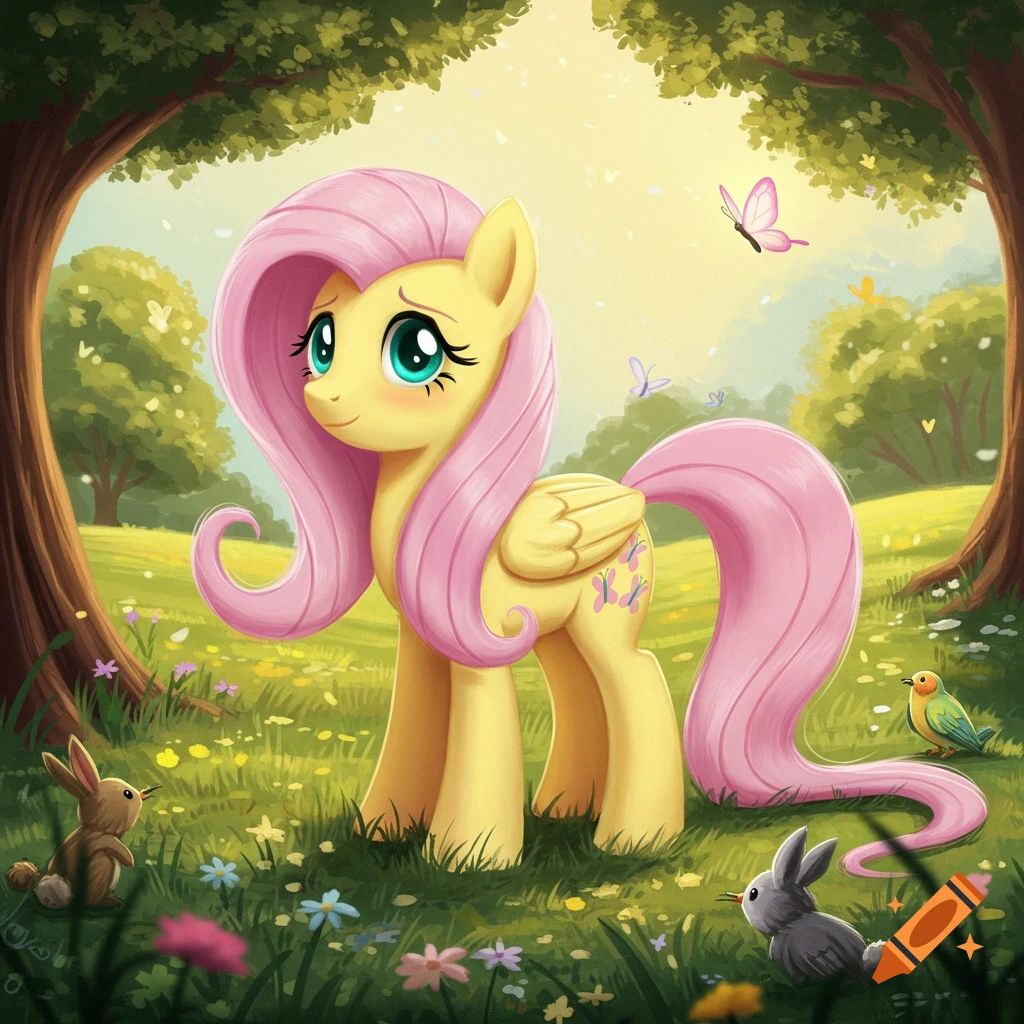 A yellow pony with pink mane and tail stands in a sunny meadow with butterflies and rabbits.