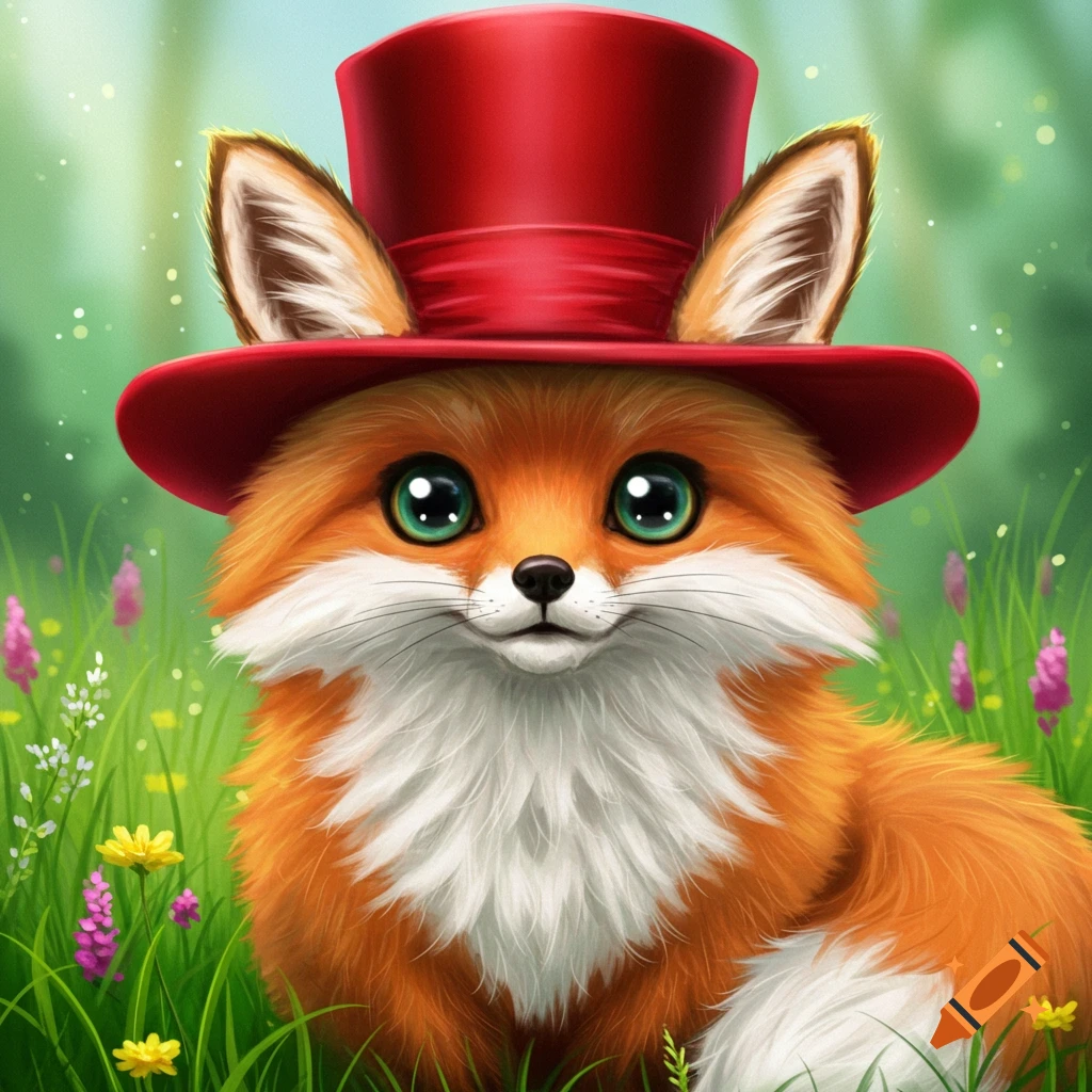 A cute cartoon fox wearing a red top hat sits in a grassy field.