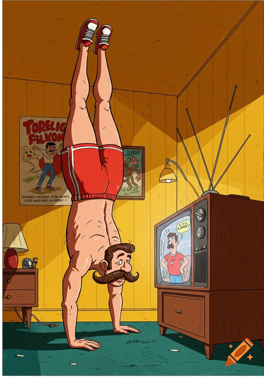 An illustration of a man with a mustache doing a handstand while watching a retro TV.