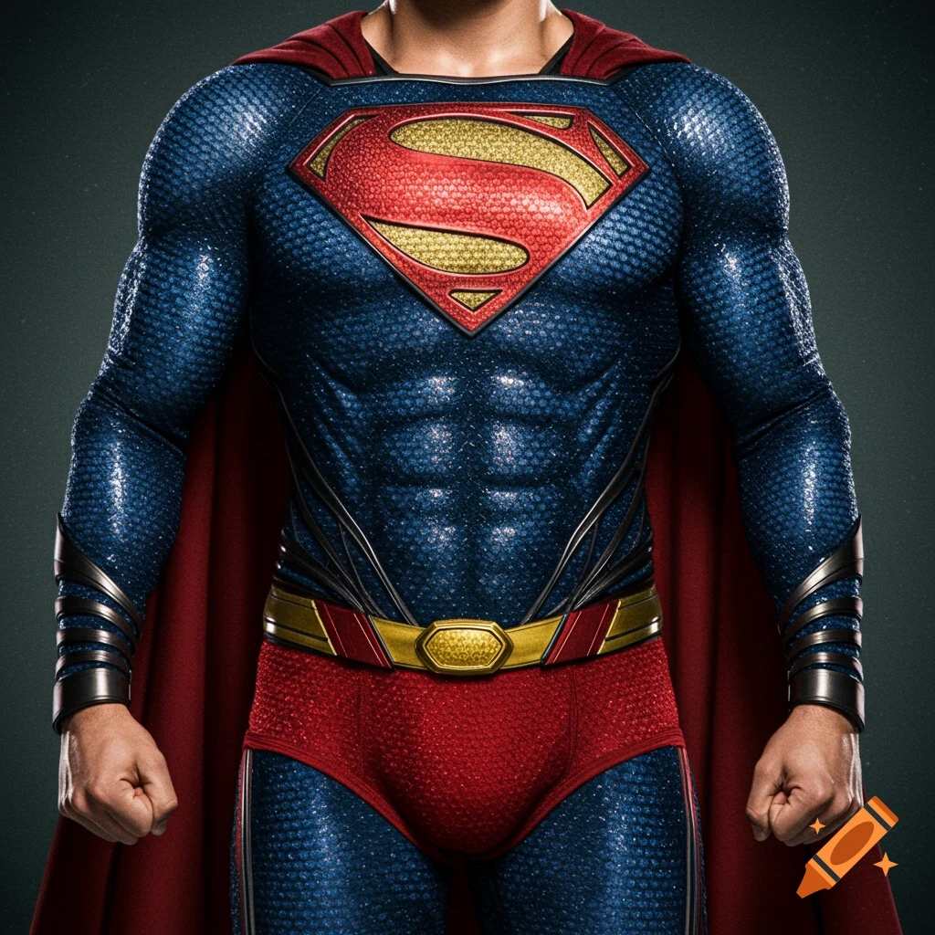 Close-up of a muscular man in a textured blue Superman suit with a red and yellow 'S' symbol, gold belt, and red trunks.