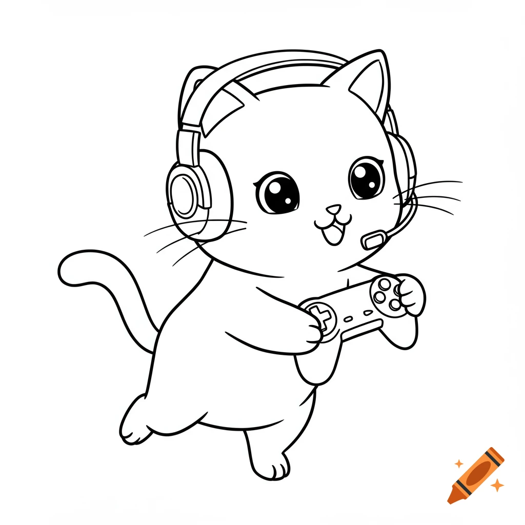 Black and white outline drawing of a cute cartoon cat wearing headphones and playing a video game with a controller.