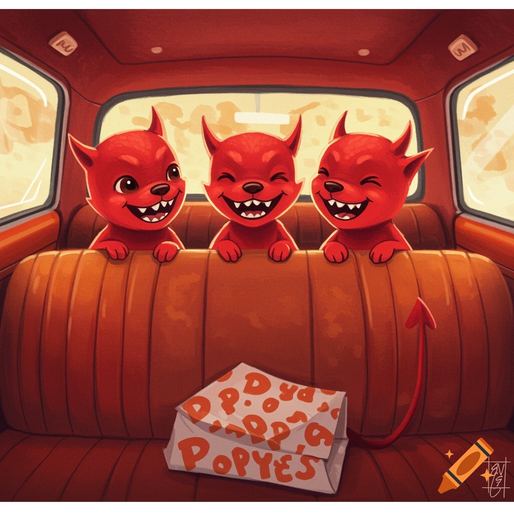 Three cartoon devils sit in the backseat of a car with a Popeyes bag.
