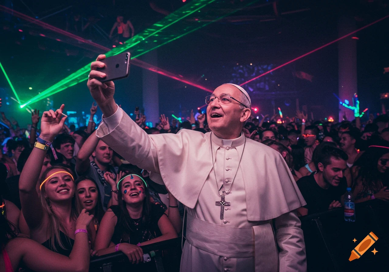 Pope taking a selfie at a crowded rave with laser lights.