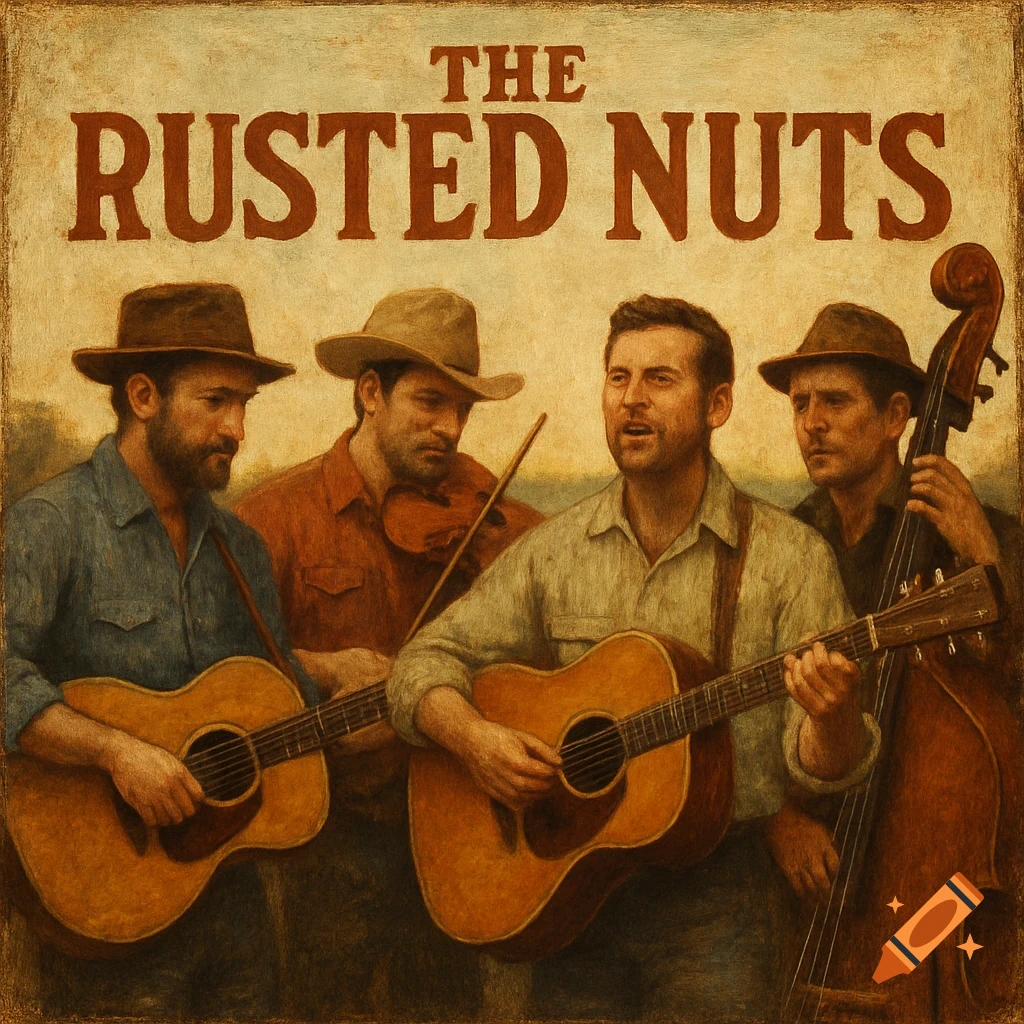 Painting of a four-man country band with guitars, violin, and bass, under the text 'THE RUSTED NUTS'.