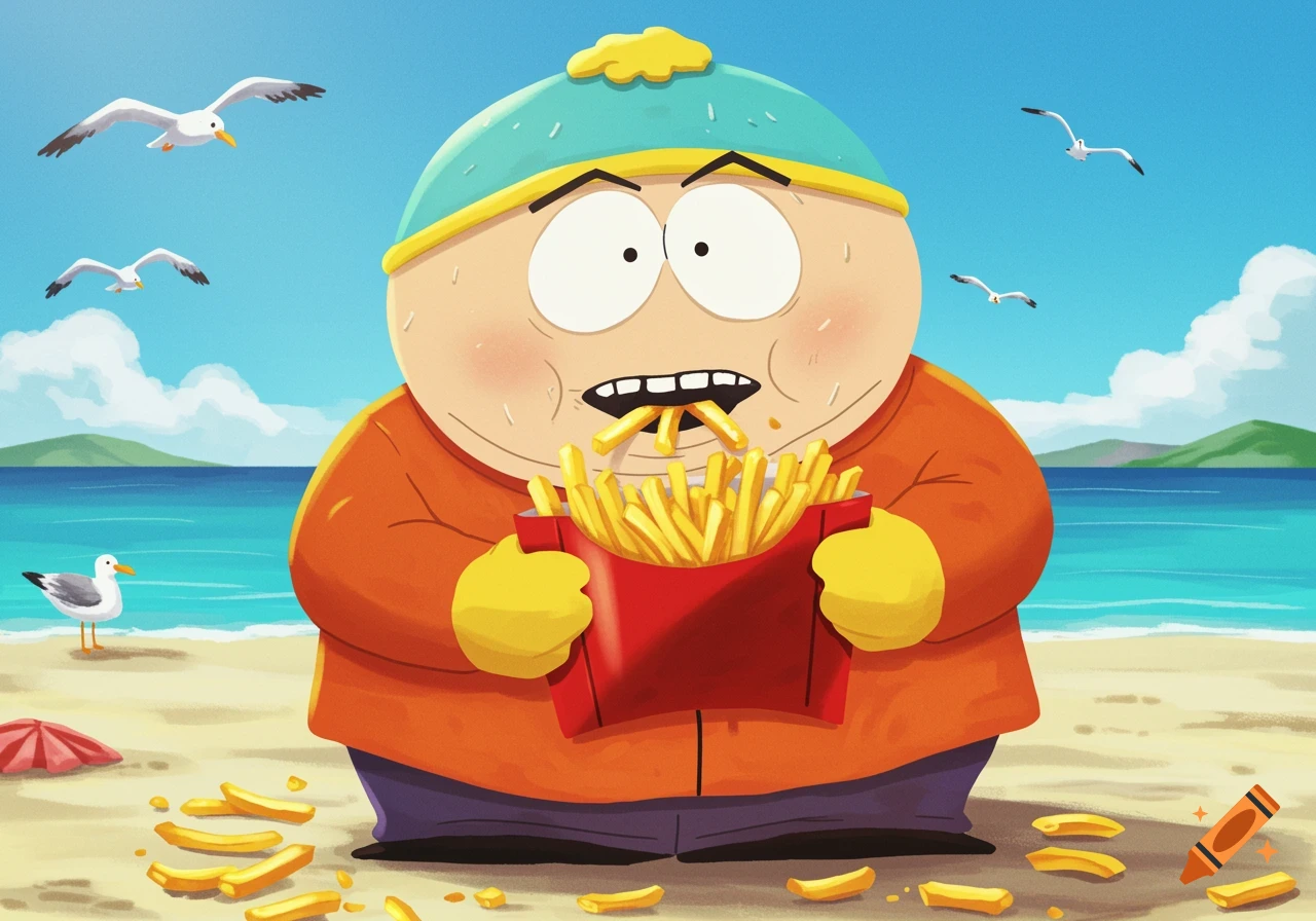 Cartoon character Eric Cartman eating fries on a beach with seagulls.