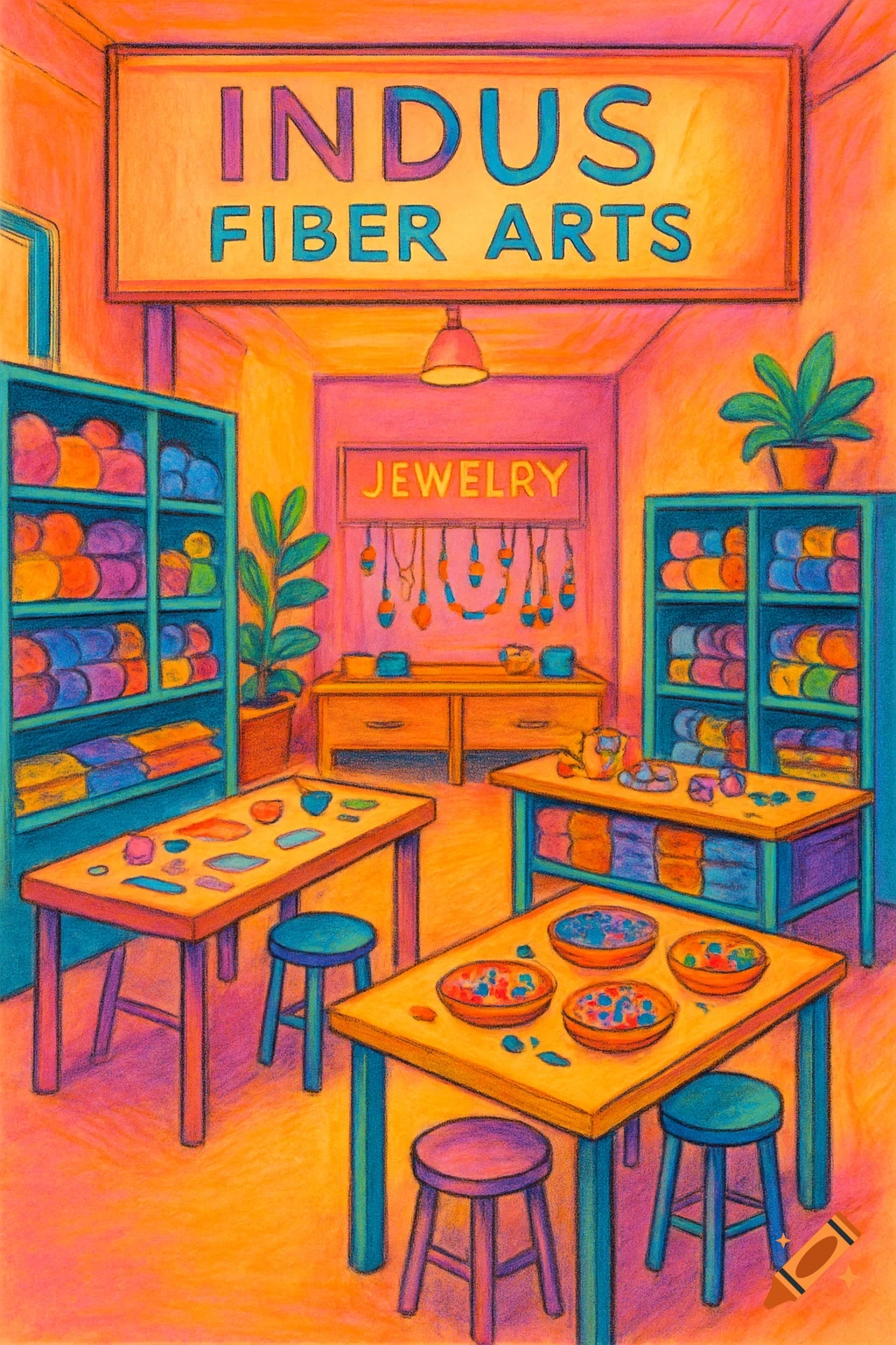 Colorful illustration of a bright fiber arts and jewelry store with craft tables and supplies.