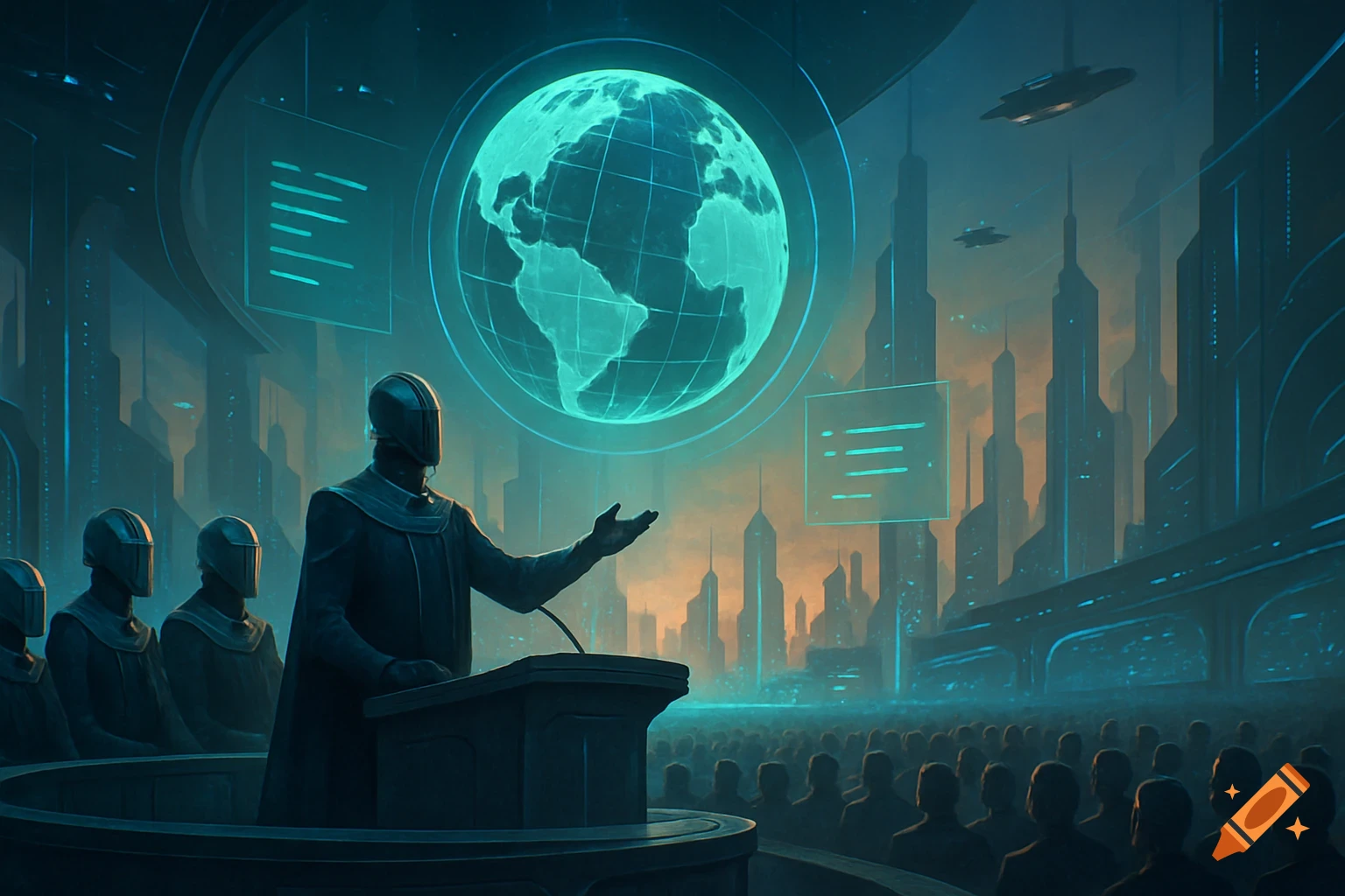 Figures in robes address a large audience in a futuristic city with a holographic globe.