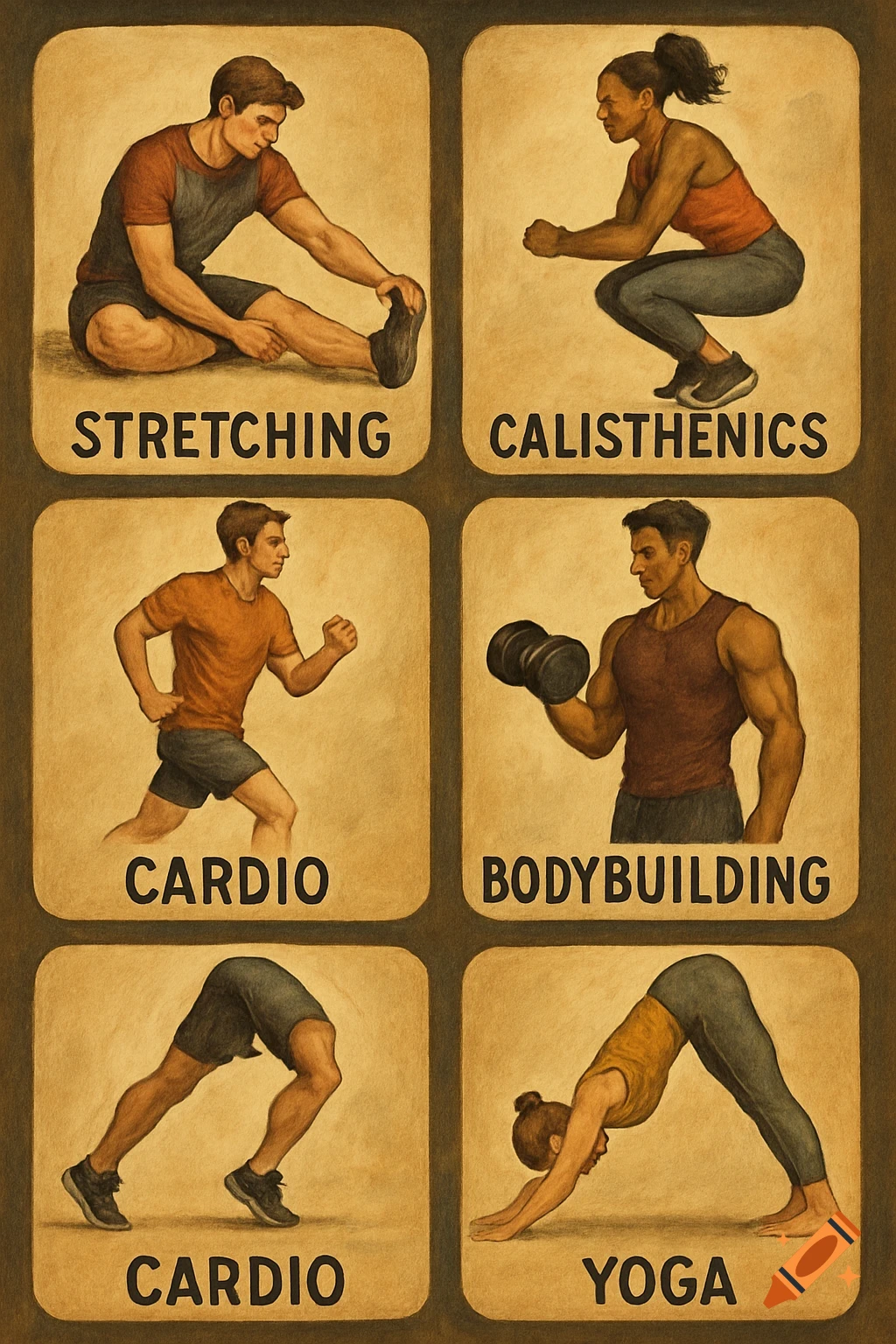 Illustration of six panels showing different exercises with labels: stretching, calisthenics, cardio, bodybuilding, and yoga.