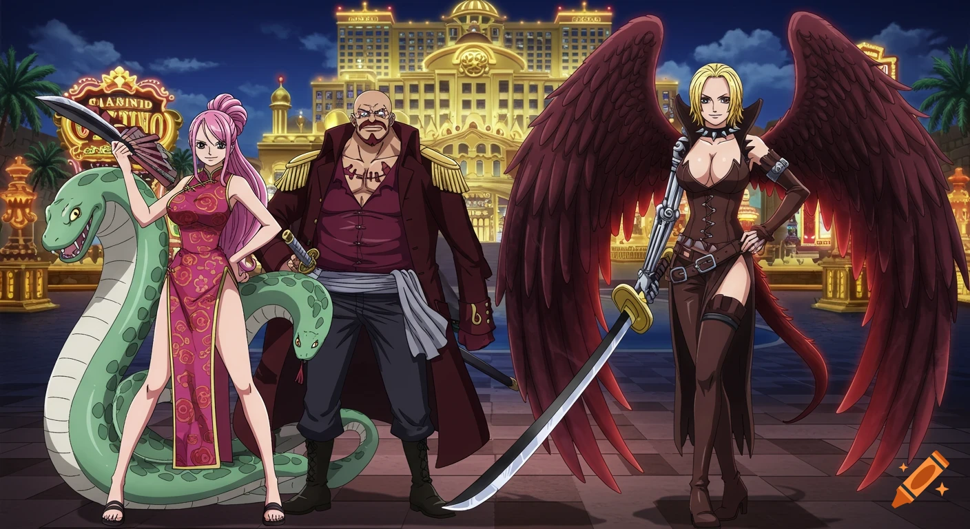 Anime characters stand before a golden casino hotel at night.