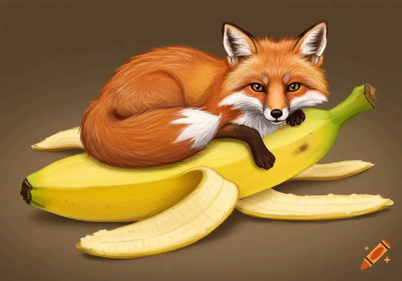 Stylized illustration of a fox lying on a peeled banana.