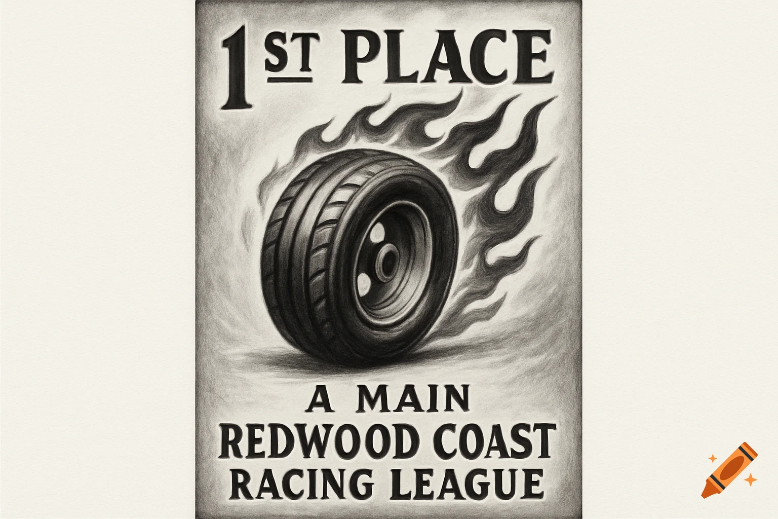 Drawing of a racing award poster with a flaming tire and '1ST PLACE' text.