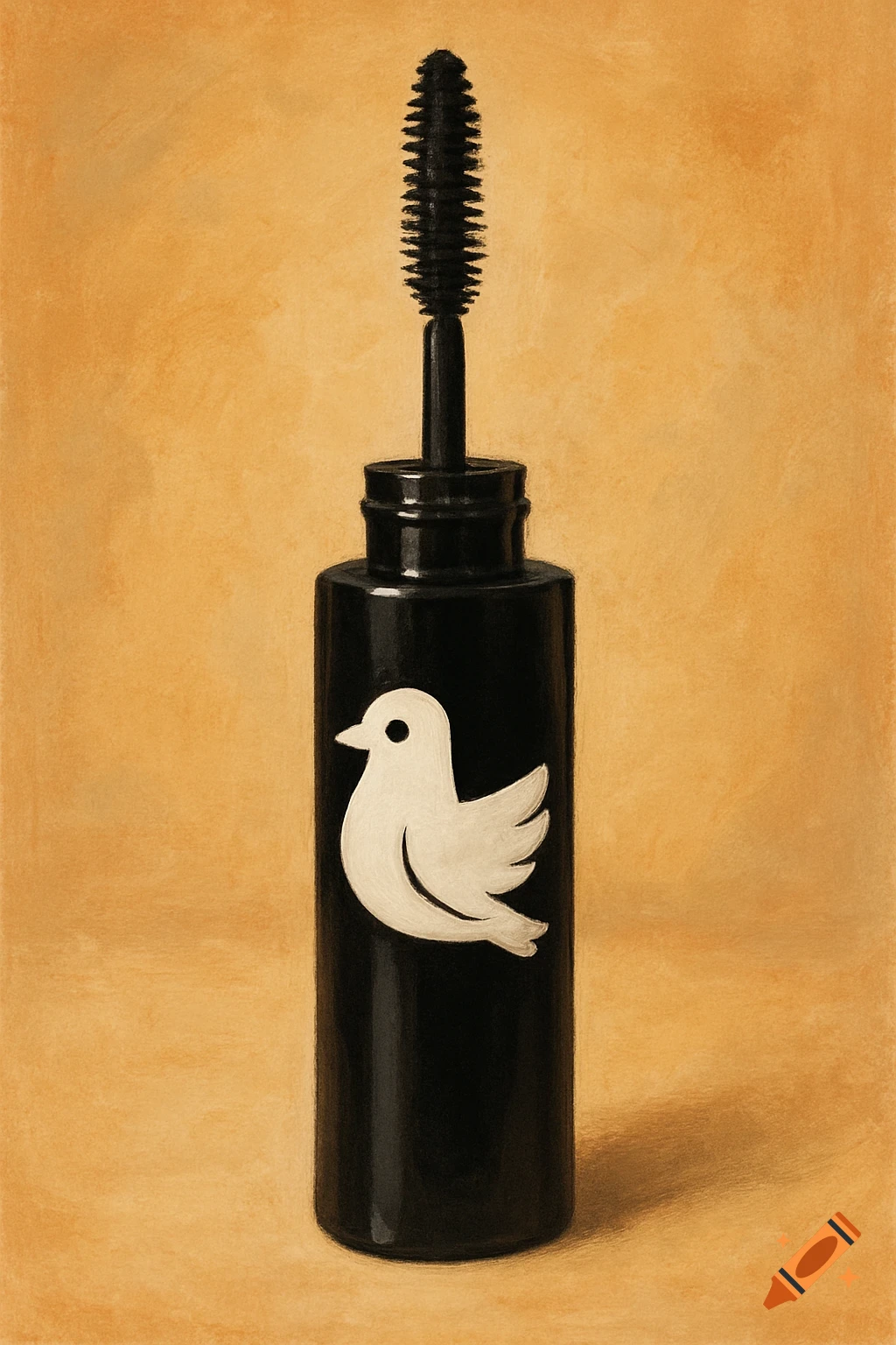 Mascara bottle with a white dove logo on a textured background, painted style.