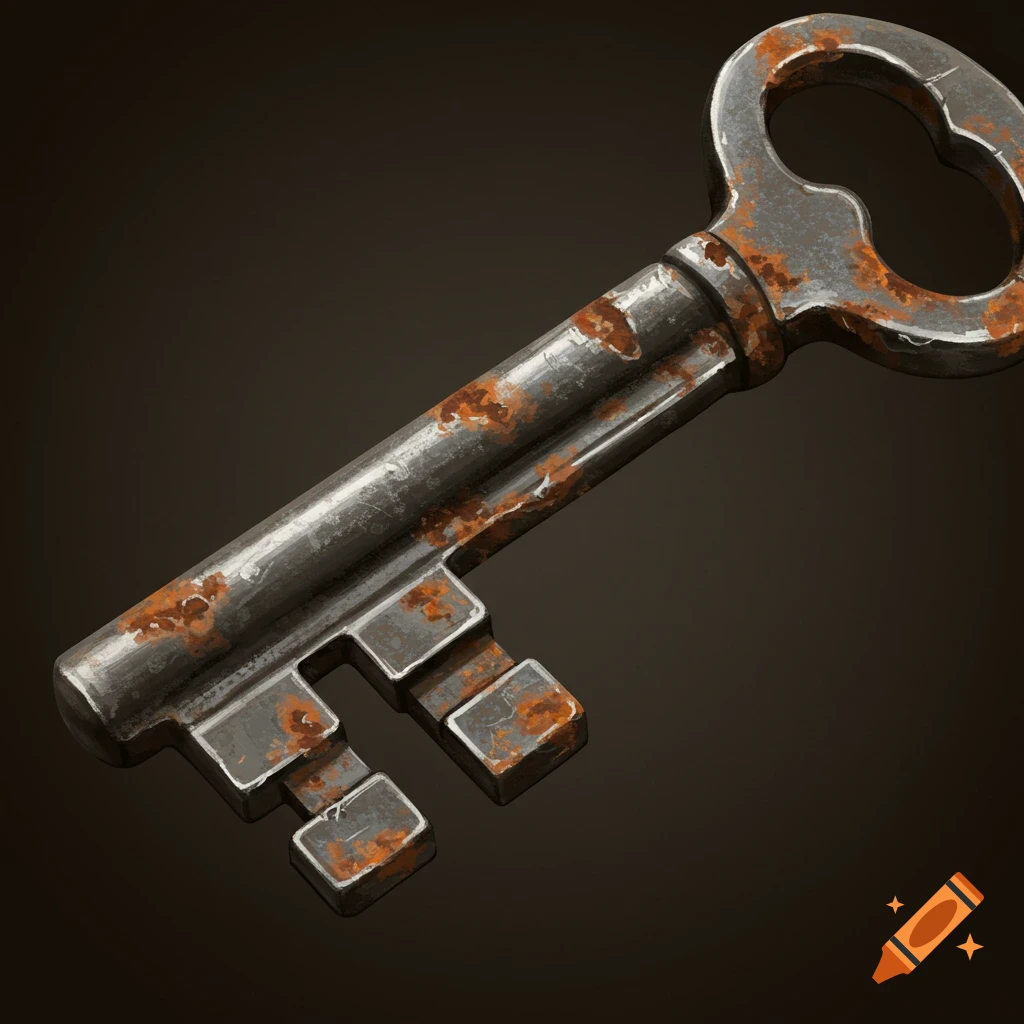 A close-up of an old rusty metal key.