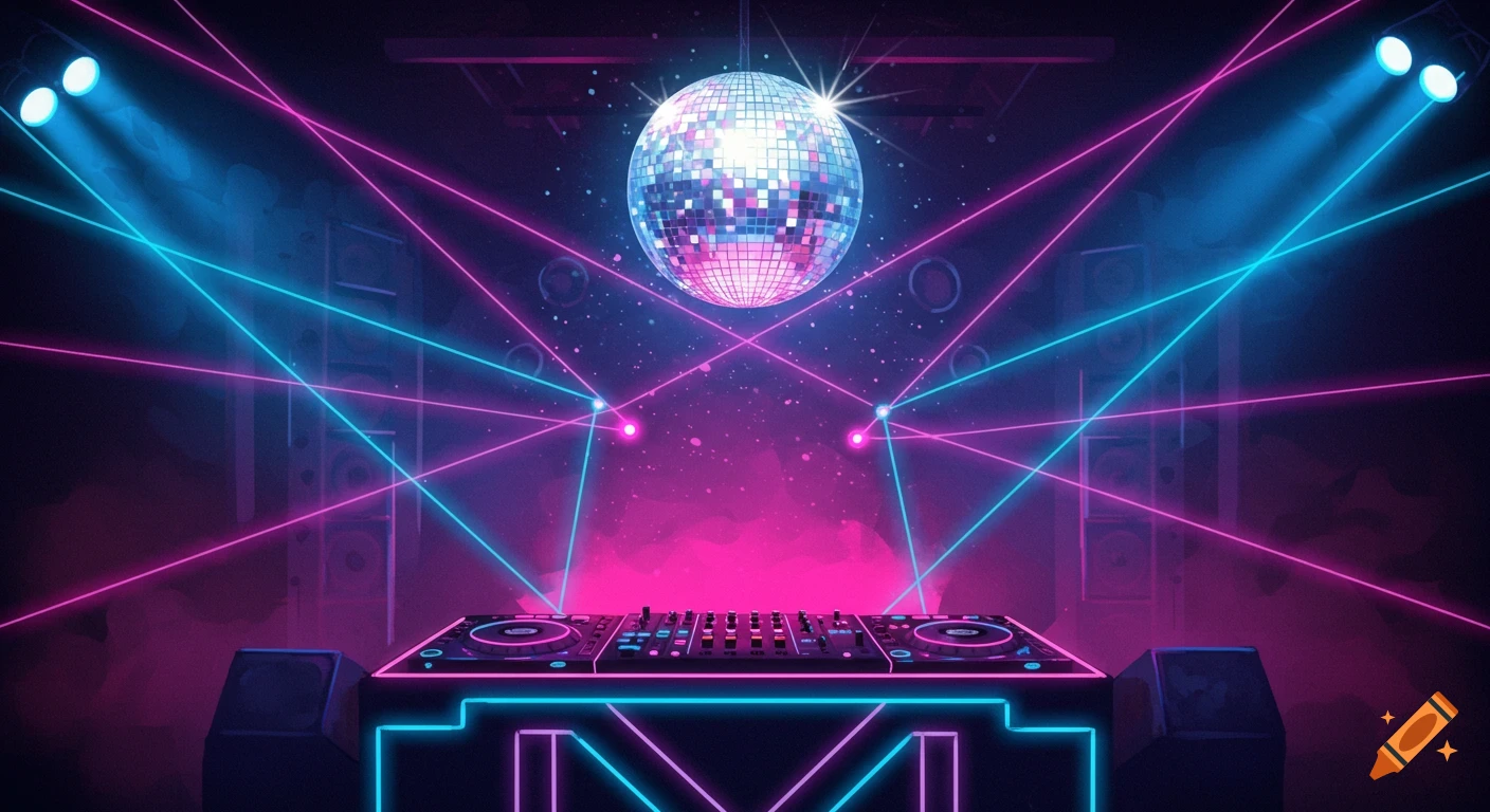 DJ deck with a glitter ball, blue and pink laser lights, and speakers