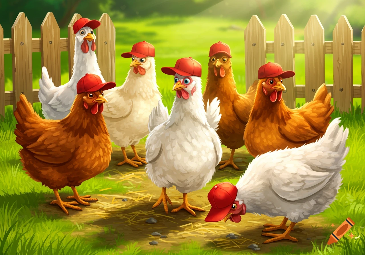 Cartoon chickens wearing red baseball caps in a farmyard