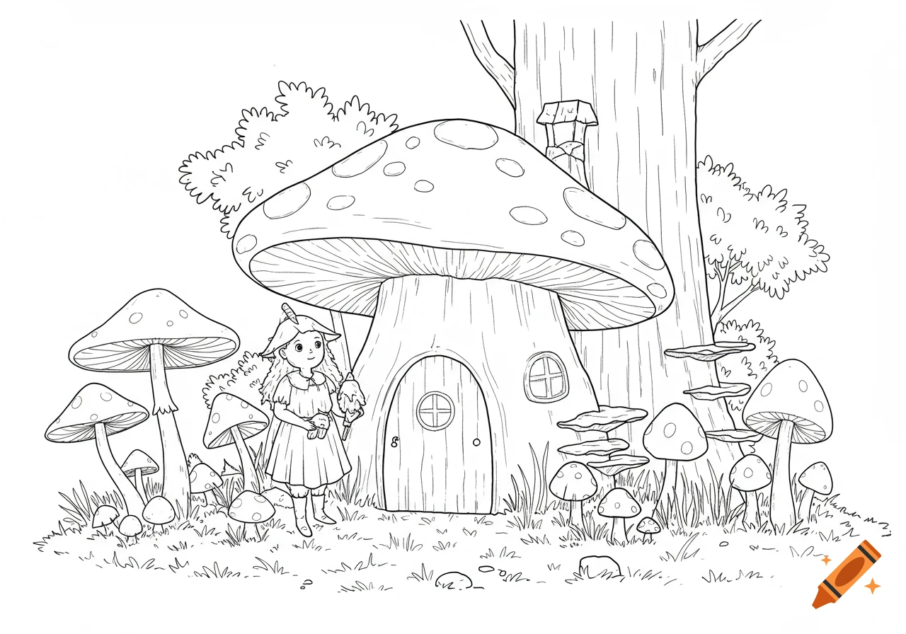 Outline art coloring page of a girl standing by a mushroom house surrounded by mushrooms and a tree.