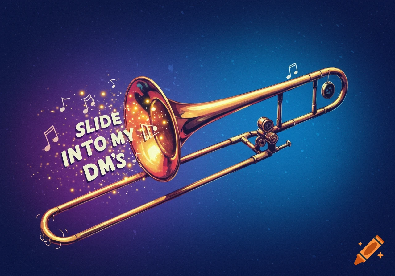 Illustration of a trombone with musical notes and sparkling effects, featuring the text 'SLIDE INTO MY DM'S'.