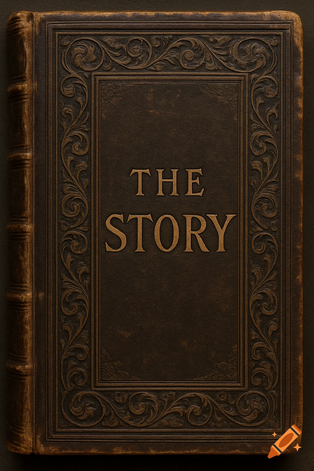 An old, ornate brown book cover with the words THE STORY embossed on it.
