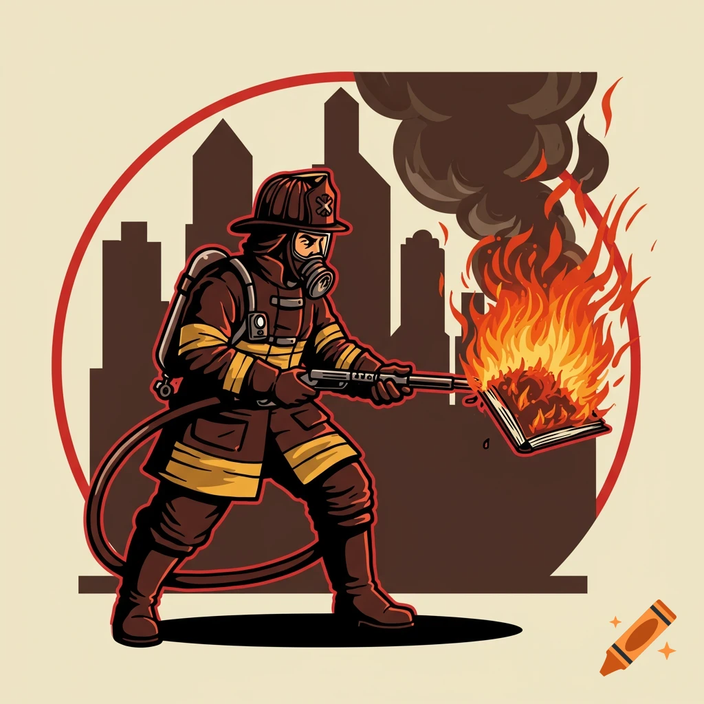 Stylized illustration of a firefighter burning a book with fire from a nozzle.