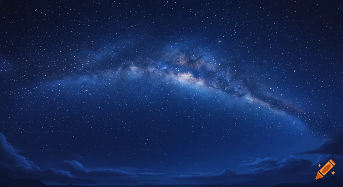 Milky Way galaxy stretching across a dark night sky with stars, clouds, and distant landforms.