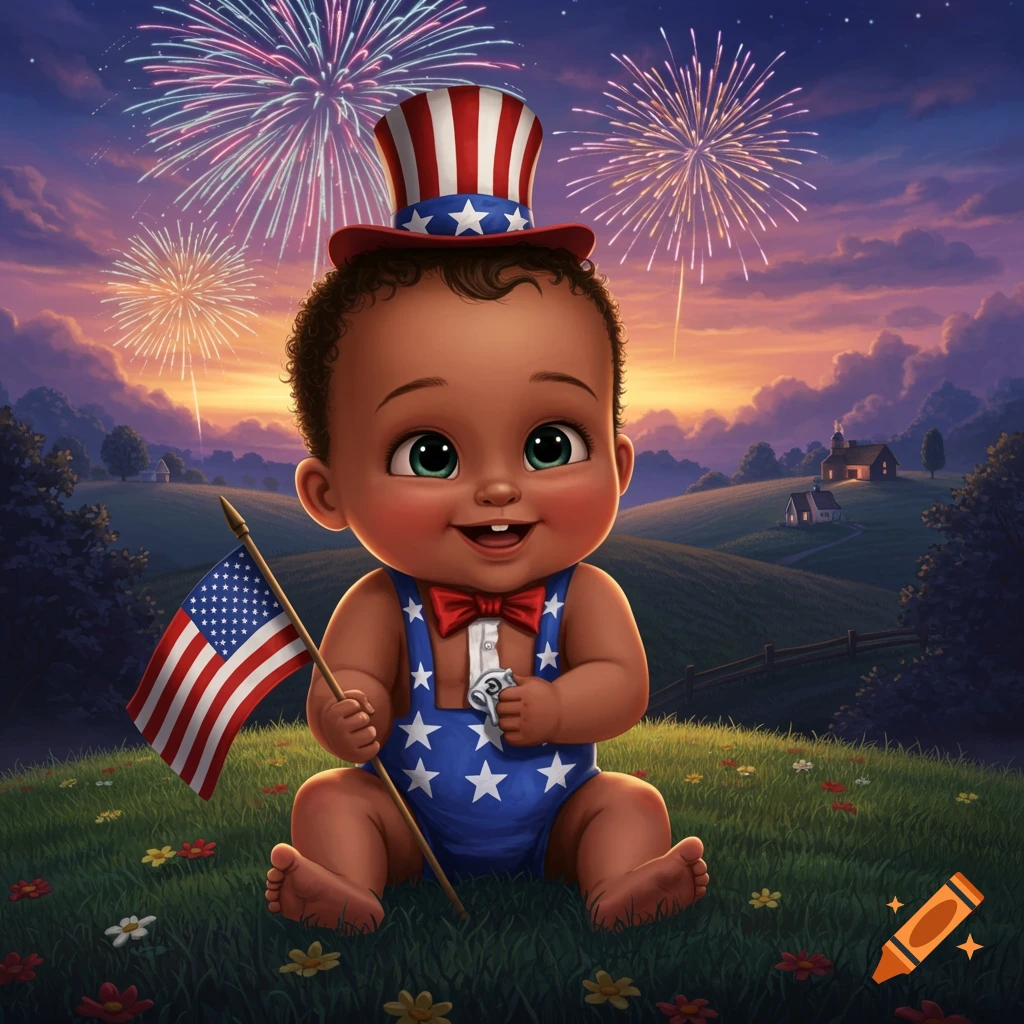 A cute baby wearing a patriotic hat and romper, holding an American flag in a field with fireworks.