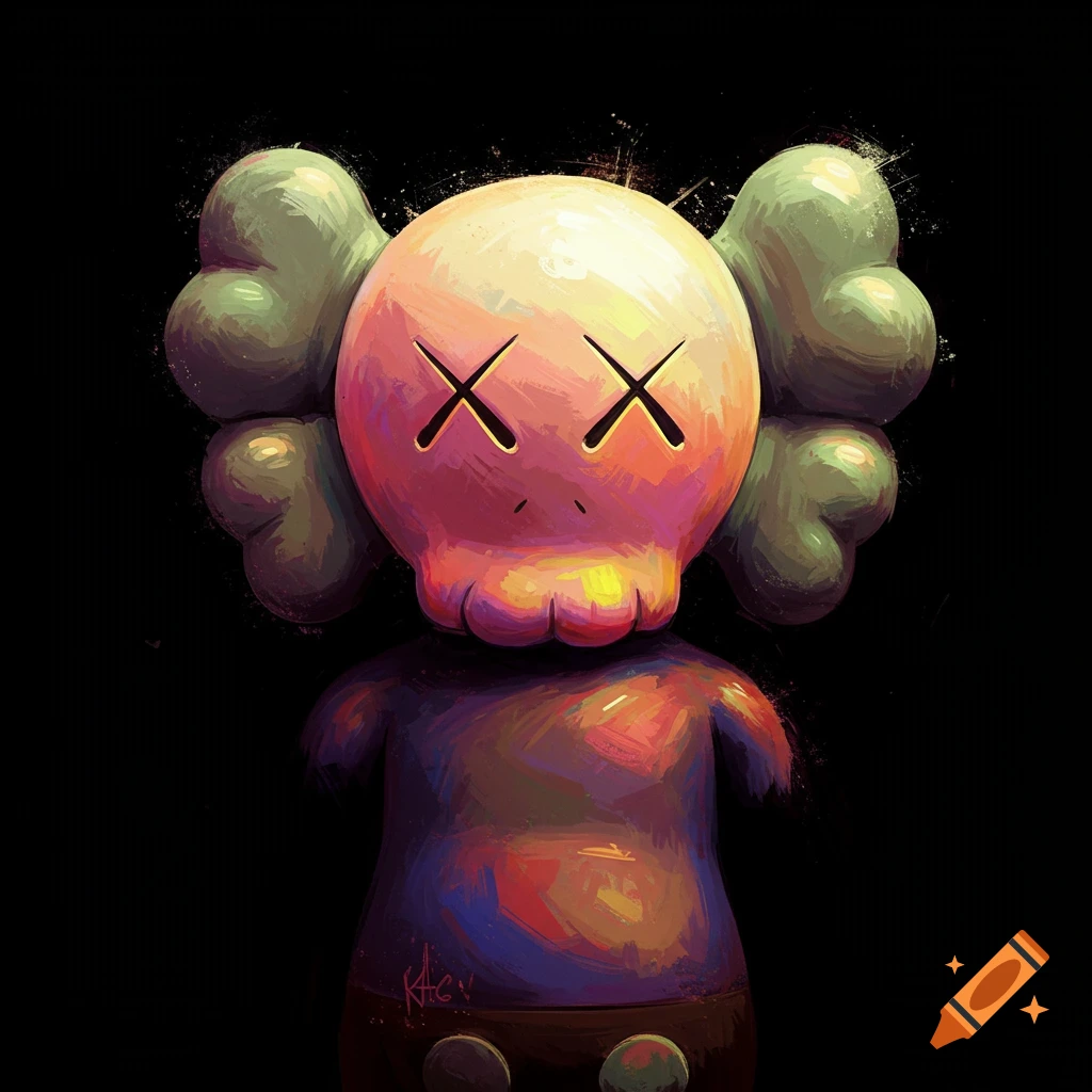 Painterly abstract KAWS-like figure with X eyes on black background