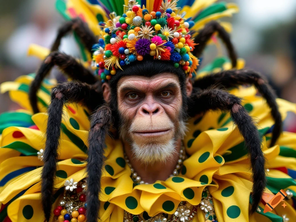 Close-up of a chimpanzee head wearing a colorful carnival costume with large spider legs emerging from the head.