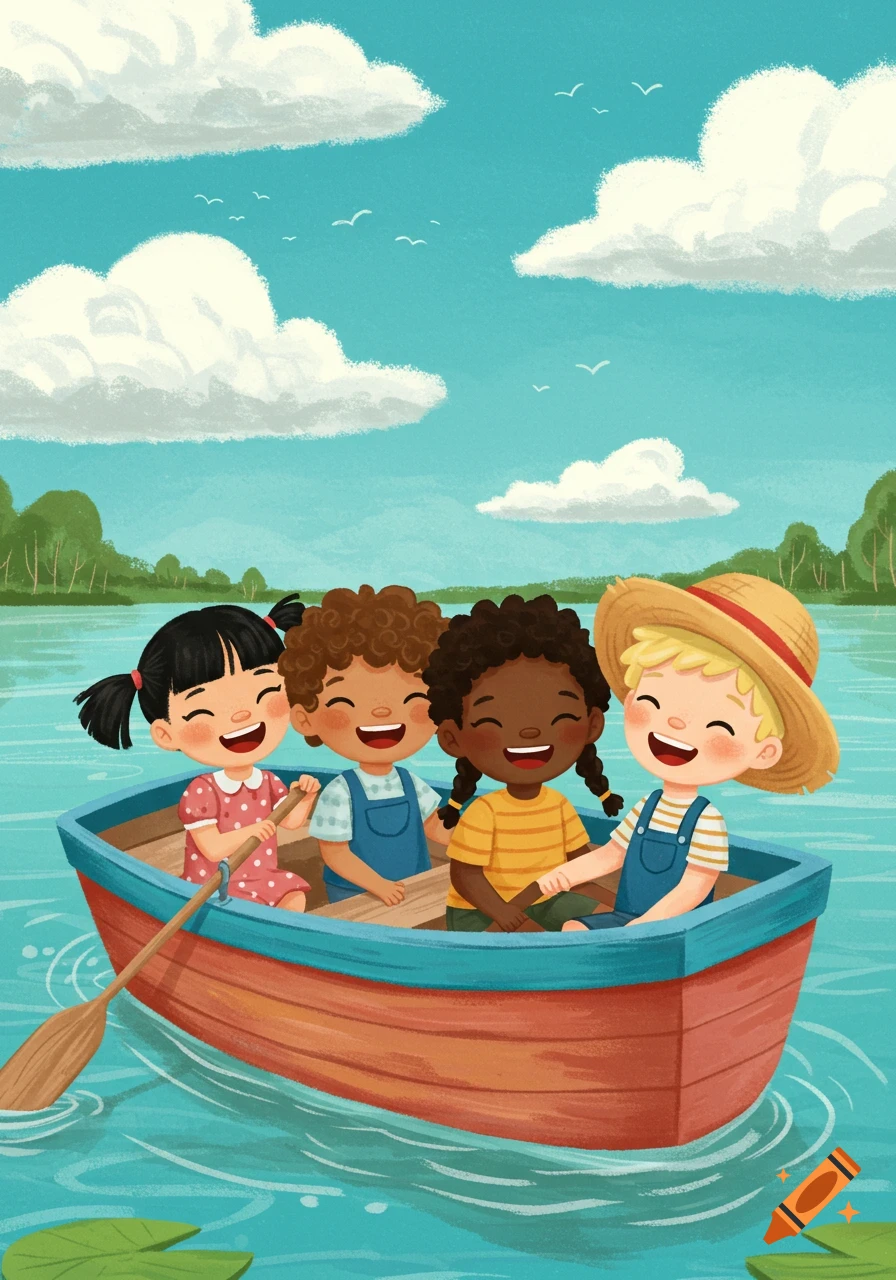 Four smiling children are in a rowboat on a lake in a bright illustration style.