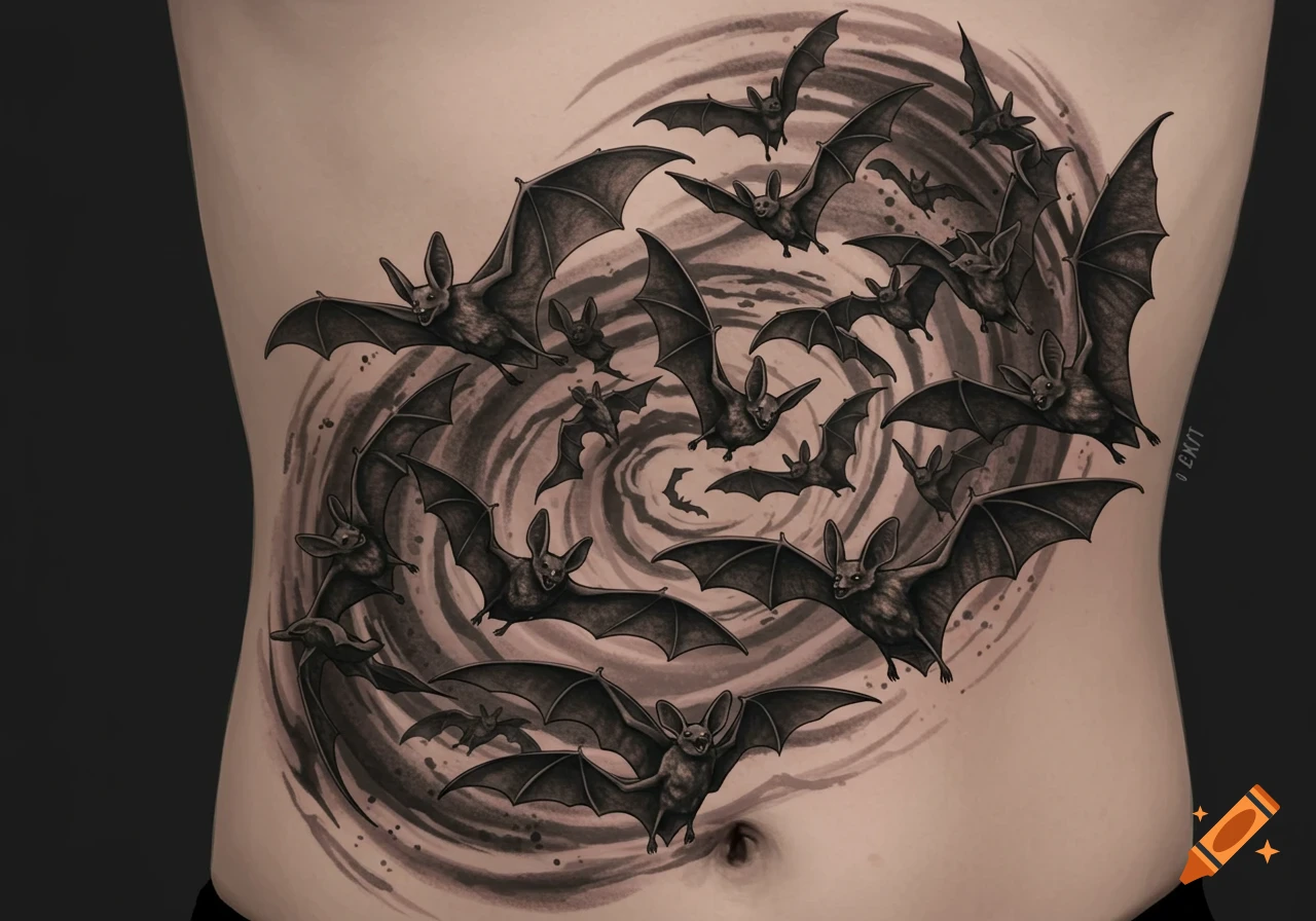 A tattoo of a swarm of bats spiraling over ribs.
