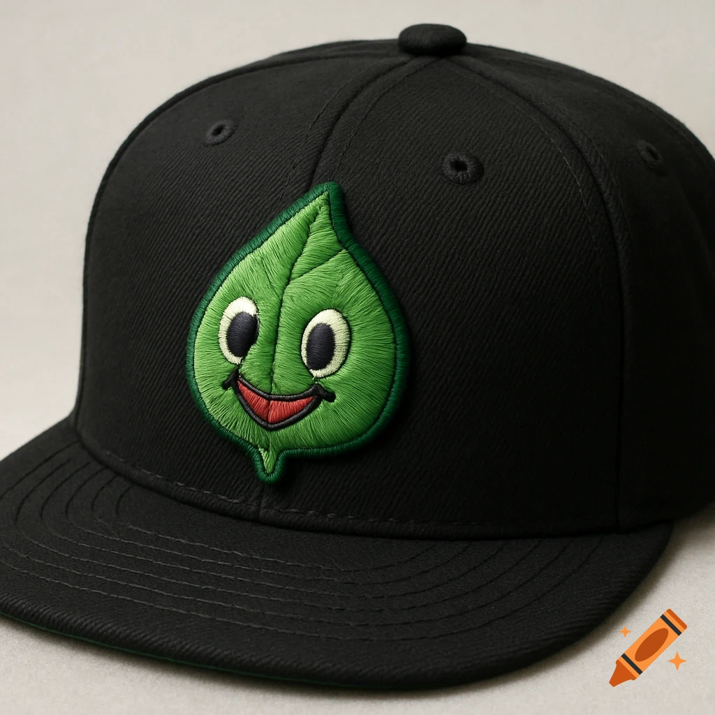 A black baseball cap with a green embroidered cartoon leaf face patch