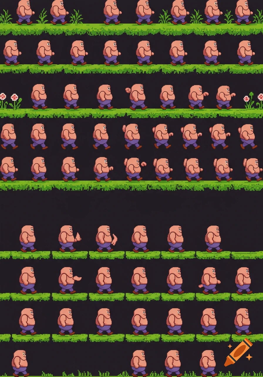 Pixel art spritesheet featuring a chubby character walking on grass.