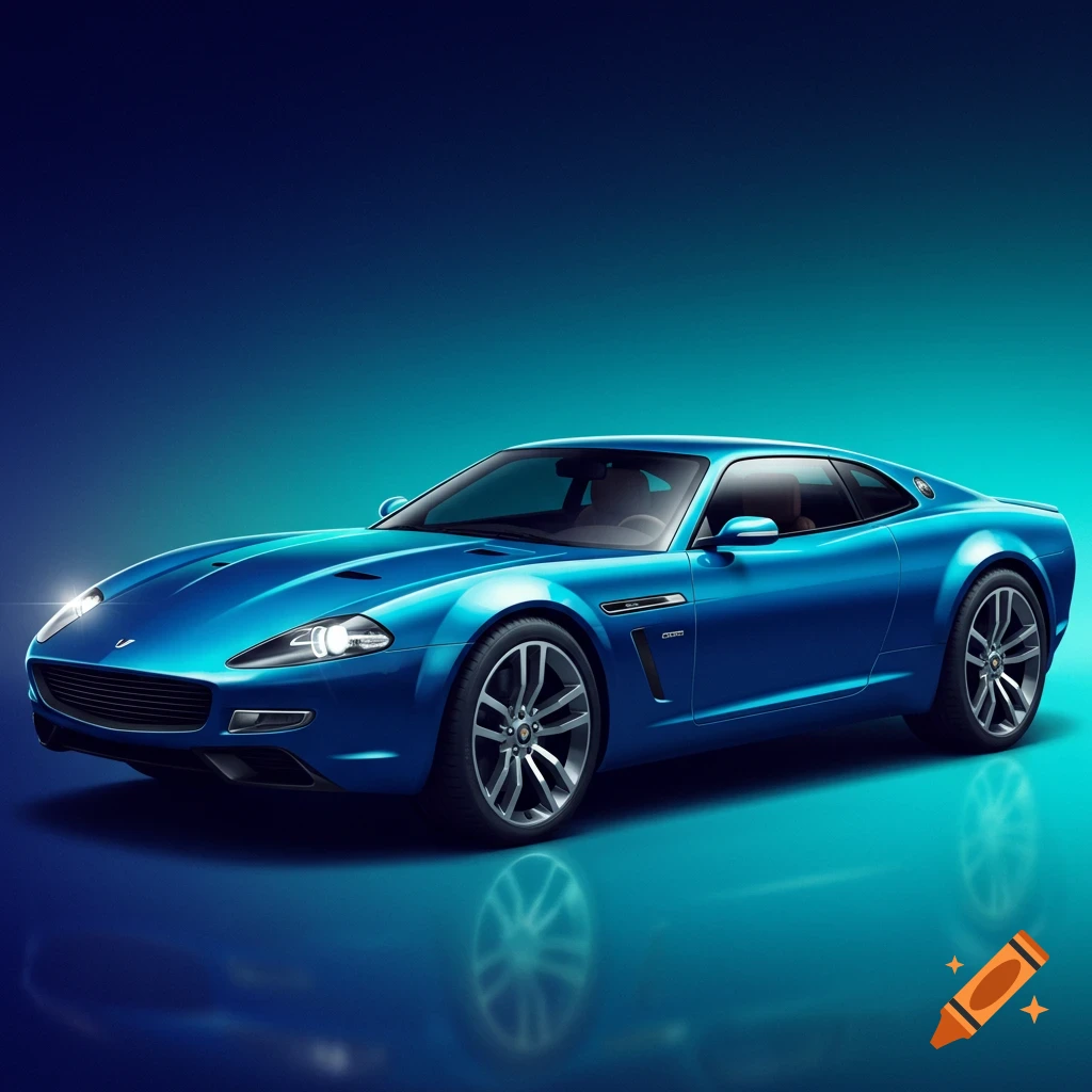 A sleek blue sports car on a reflective surface against a blue background.