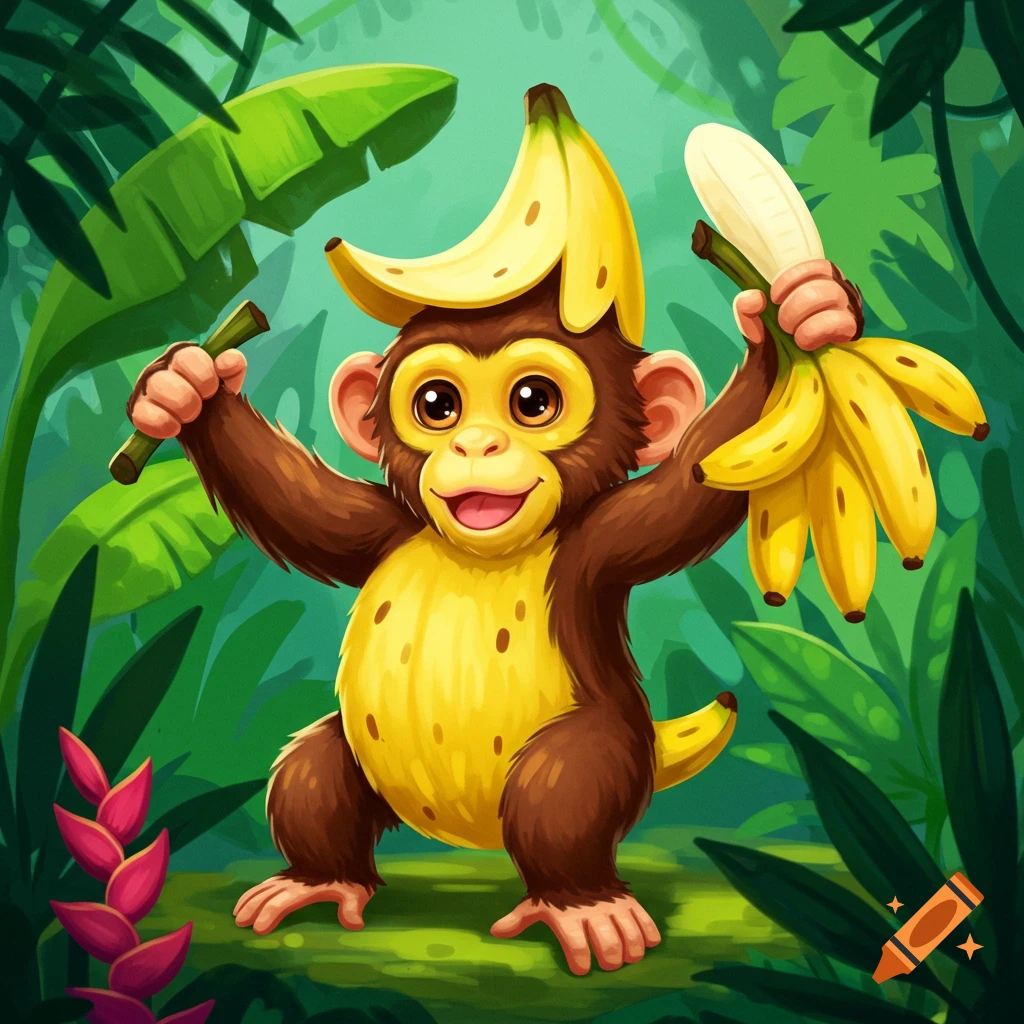Cartoon monkey holding and wearing bananas in a jungle