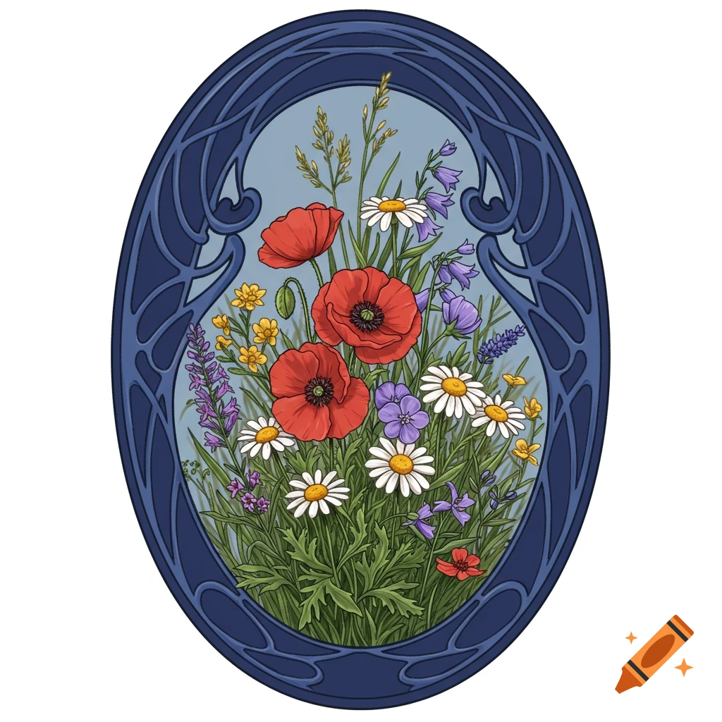 Stylized illustration of wildflowers in an oval art nouveau frame.
