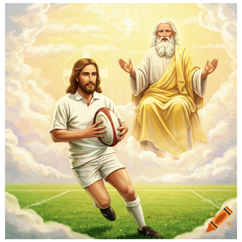 Jesus plays rugby on a field as God watches from clouds.