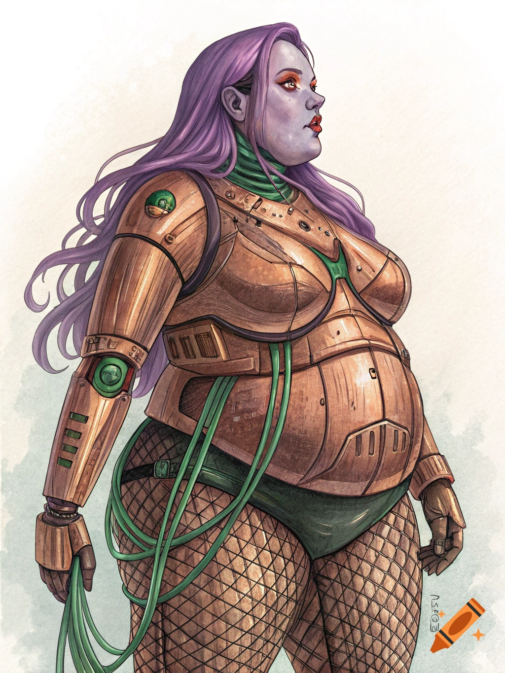 Watercolor illustration of a plus-size futuristic woman with purple hair, metallic armor, and fishnet leggings.
