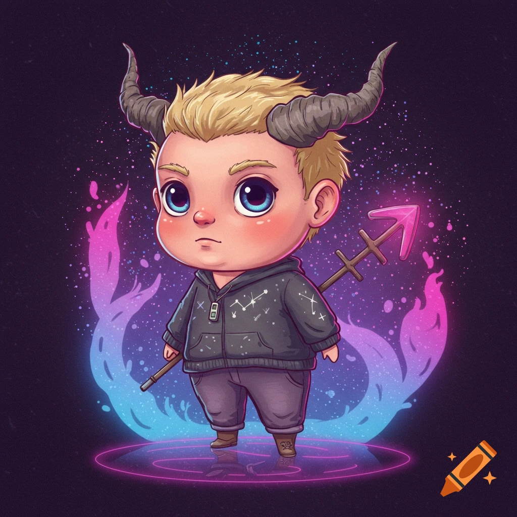 A cute chibi character with horns and a Sagittarius arrow stands on a glowing ring in a starry purple and blue background, stylized illustration.