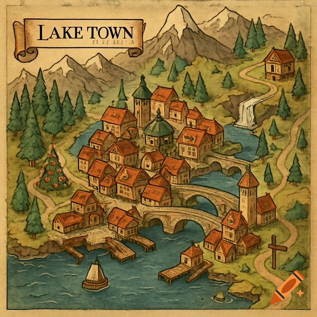 Fantasy map of a lake town with buildings, bridges, mountains, a lake, and a Christmas tree.