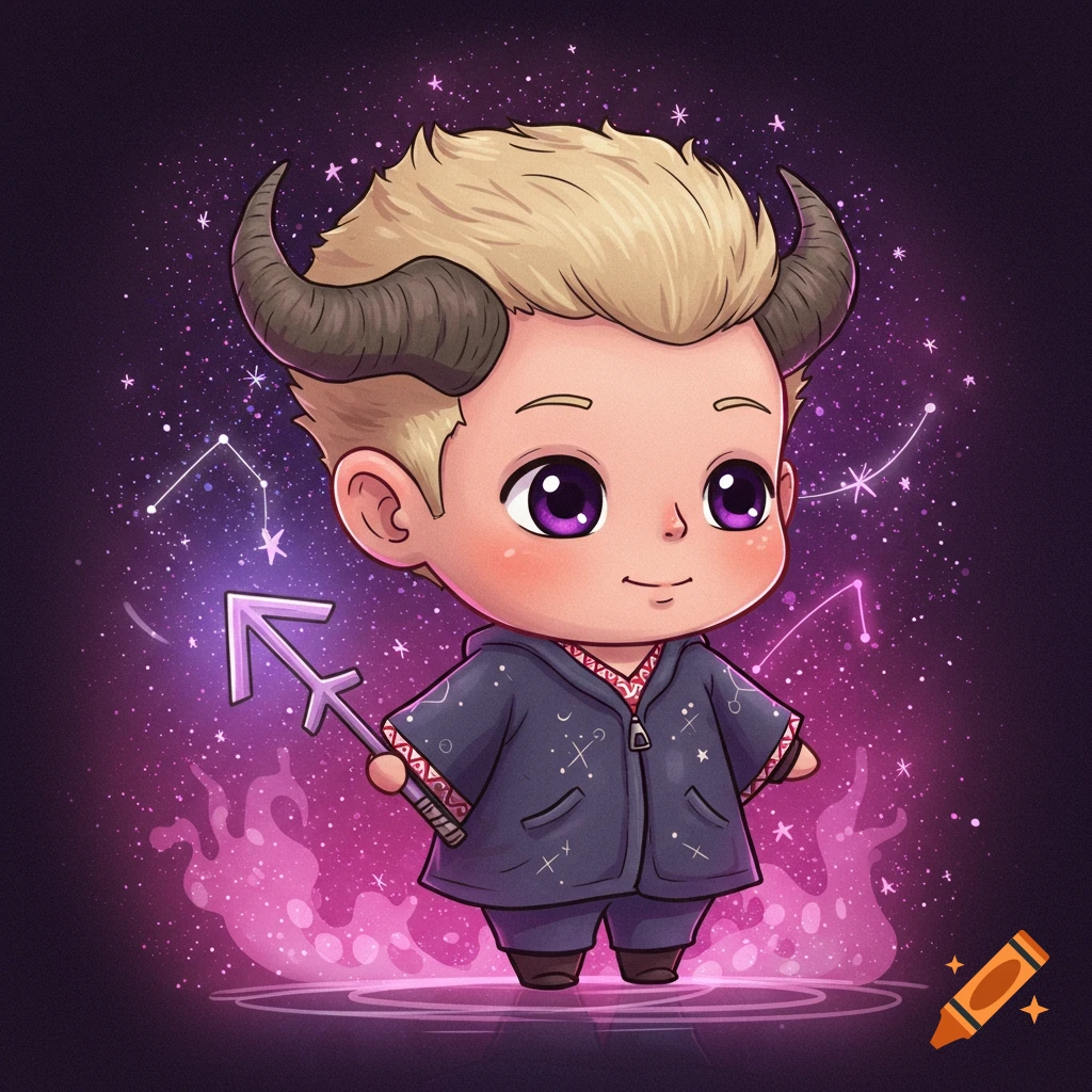 Chibi illustration of a Sagittarius character with horns holding an arrow symbol in space