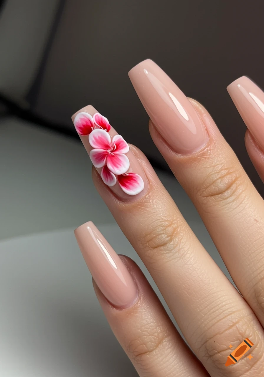 Close up of a hand with nude, coffin-shaped nails, one decorated with raised pink and white 3D flowers.